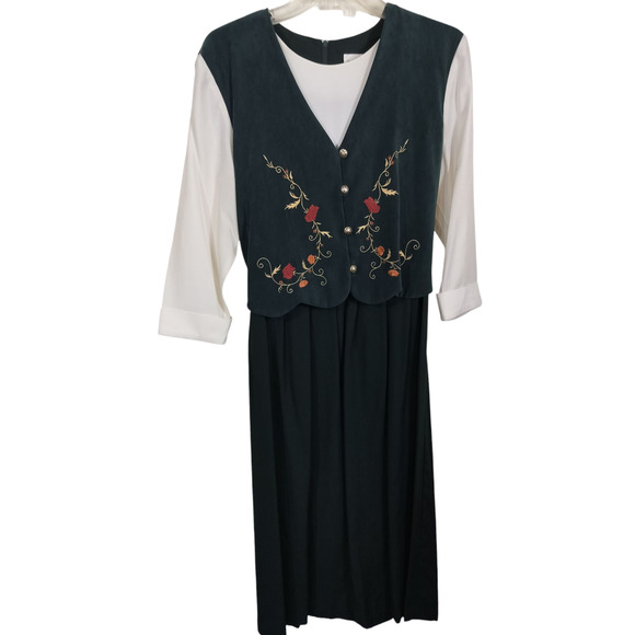 3398)Vtg 80s Miss Dorby Green White Attached Embroidery Vest 3/4 Sleeve Dress 12 - Picture 1 of 11